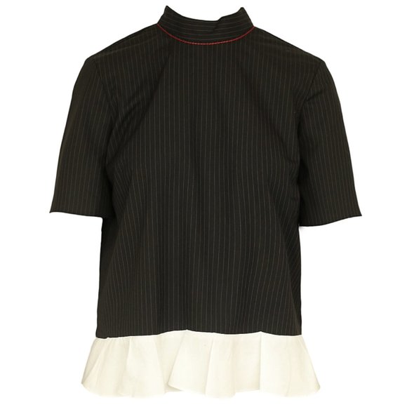 Zara Pinstriped Frilled Top Ruffle Striped High Mock Neck Peplum Back Zip Blouse - Picture 6 of 10
